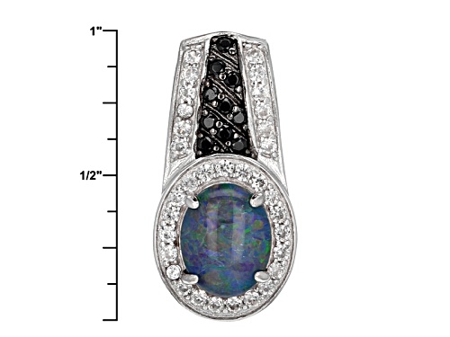 10x8mm Australian Opal Triplet, .69ctw White Zircon & .14ctw Black Spinel Silver Pendant With Chain