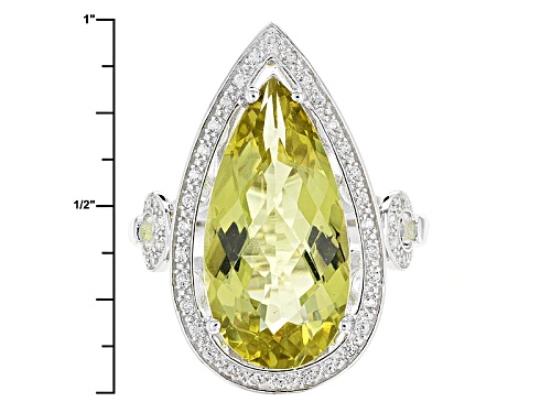 6.50ct Pear Shape Canary Yellow Quartz And .32ctw Round White Zircon Sterling Silver Ring - Size 8
