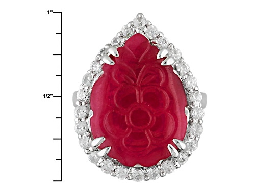20x15mm Pear Shape Carved Red Onyx With 1.30ctw Round White Zircon Sterling Silver Floral Ring - Size 7