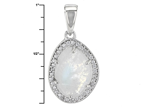 14x10mm Fancy Cut Rainbow Moonstone And .34ctw Round White Zircon Sterling Silver Pendant With Chain