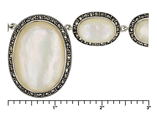 38.3x27.5mm And 20x13.5mm Oval Cabochon White Mother-Of-Pearl With Round Marcasite Silver Necklace - Size 18