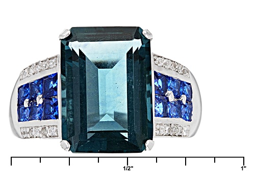8.50ct Teal Fluorite With .76ctw Lab Created Blue Spinel And .14ctw White Zircon Silver Ring - Size 7
