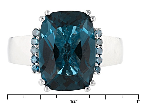 6.97ct Rectangular Cushion London Blue Topaz And .12ctw Round Blue Diamond Sterling Silver Ring - Size 11