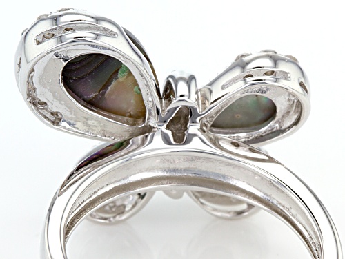 Pear Shape Abalone Shell And .29ctw Round White Zircon Sterling Silver Butterfly Ring - Size 8