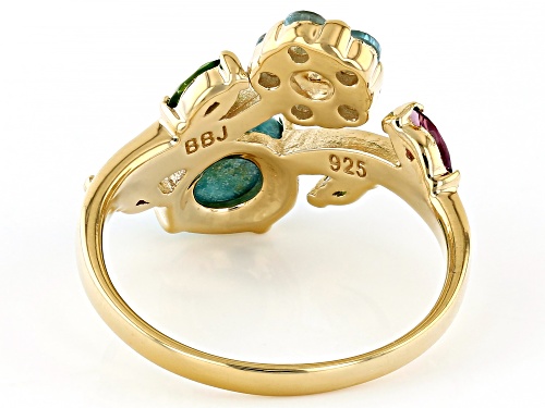 Multi Gem 18k Yellow Gold Over Sterling Silver Bypass Flower Ring - Size 7