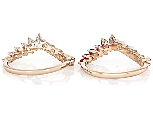 0.85ctw Pink Tourmaline, White Topaz & Cultured Freshwater Pearl 18k Rose Gold Over Silver Ring Set - Size 7
