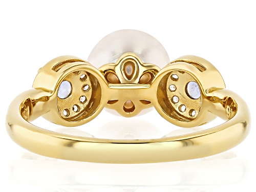 7.5mm White Cultured Japanese Akoya Pearl With Tanzanite & Zircon 18k Yellow Gold Over Silver Ring - Size 7
