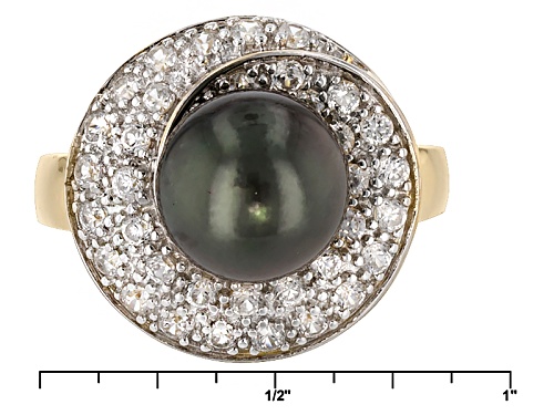 9-9.5mm Cultured Tahitian Pearl With 1.19ctw White Zircon 18k Yellow Gold Over Sterling Silver Ring - Size 11