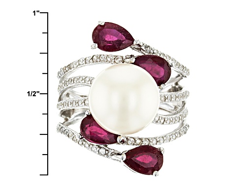 9.5-10mm Cultured Freshwater Pearl & 2.32ctw Mahaleo Ruby & .56ctw Zircon Rhodium Over Silver Ring - Size 12