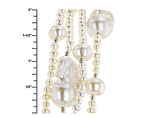 3-20mm White Cultured Freshwater Pearl Rhodium Over Sterling Silver Multi-Strand Necklace - Size 18