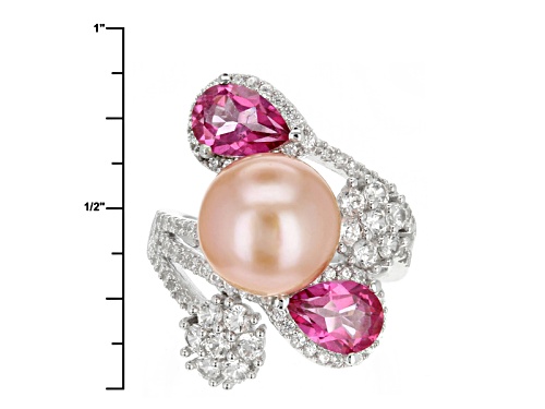 9.5-10mm Cultured Freshwater Pearl With Pink Topaz, And  Zircon Rhodium Over Sterling Silver Ring - Size 5