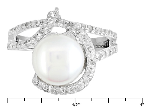 9-10mm White Cultured Freshwater Pearl With .48ctw Round White Topaz Rhodium Over Silver Ring - Size 11