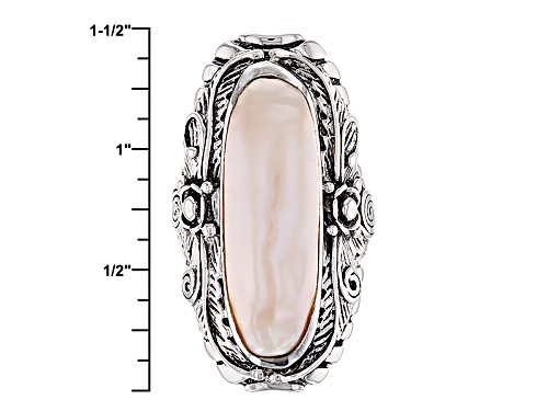 9x28 Mm Natural Peach Cultured Freshwater Pearl Rhodium Over Sterling Silver Oxidized Cocktail Ring - Size 4