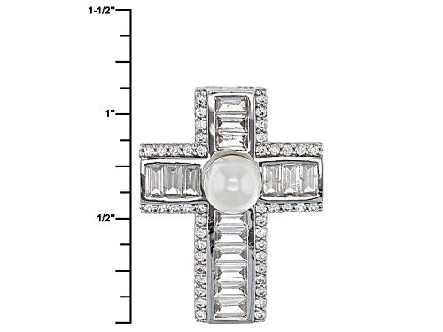 6-6.5mm White Cultured Freshwater Pearl With .89ctw White Zircon Rhodium Over Silver Cross Pendant