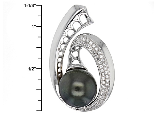 11mm Cultured Tahitian Pearl With .44ctw Round White Zircon Rhodium Over Sterling Silver Pendant