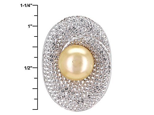 10mm Golden Cultured South Sea Pearl With 2.28ctw White Topaz Rhodium Over Sterling Silver Ring - Size 11