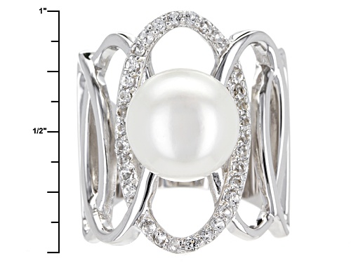 11-11.5mm White Cultured Freshwater Pearl With 0.61ctw White Topaz Rhodium Over Sterling Silver Ring - Size 4