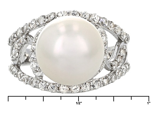 12-13mm White Cultured Freshwater Pearl With 1.20ctw White Zircon Rhodium Over Sterling Silver Ring - Size 11