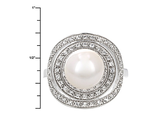 9-9.5mm White Cultured Freshwater Pearl With 0.39ctw Zircon Rhodium Over Sterling Silver Halo Ring - Size 10
