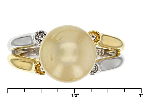 10mm Golden Cultured South Sea Pearl & White Topaz Rhodium & 18k Yellow Gold Over Silver Ring - Size 10