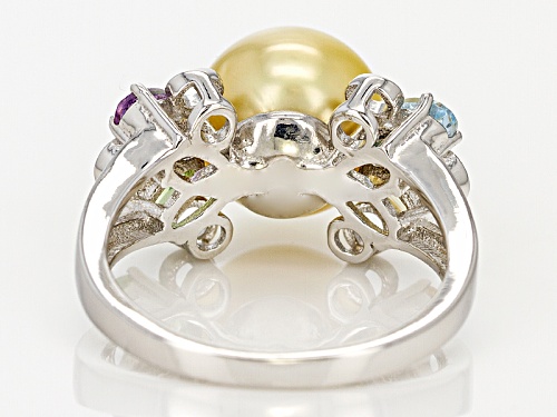 9-10mm Golden Cultured South Sea Pearl & Multigem Rhodium Over Sterling Silver Ring - Size 8