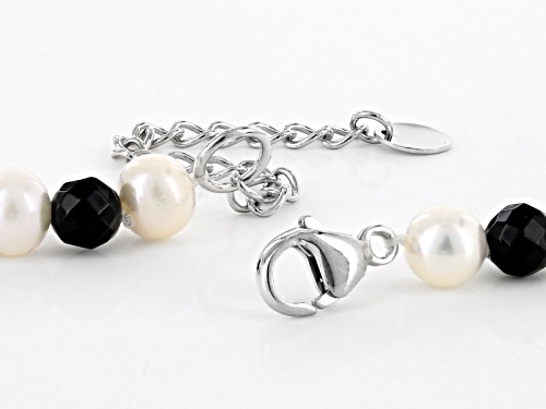 Cultured Freshwater Pearl, Drusy Quartz, Onyx, Diamond Simulant Rhodium Over Silver 20 Inch Necklace - Size 20