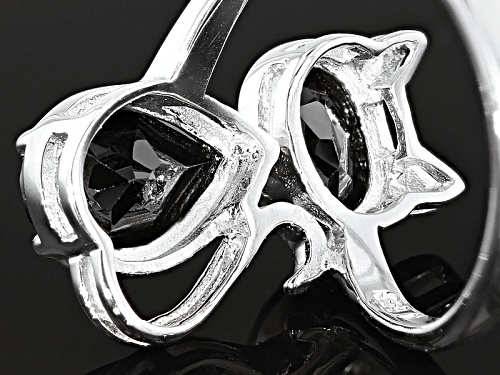 1.33ct Oval And 2.03ct Pear Shape Black Spinel Rhodium Over Sterling Silver Cat Ring - Size 8