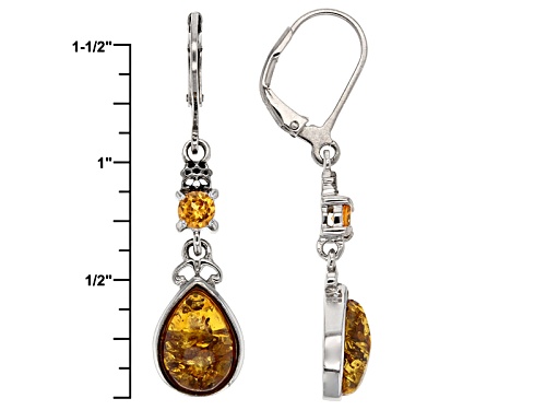 .54ctw Round Spessartite And 10x7mm Pear Shape Amber Sterling Silver Leverback Earrings