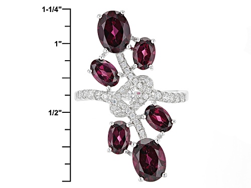 4.55ctw Oval Raspberry color Rhodolite And .15ctw Round White Zircon Sterling Silver Bypass Ring - Size 5