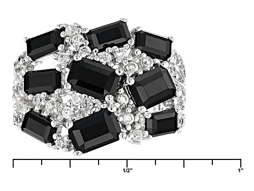 3.28ctw Emerald Cut Black Spinel With .79ctw Round White Zircon Silver Cluster Ring - Size 5