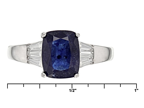 2.83ctw Rectangular Cushion Mahaleo® Blue Sapphire And .61ctw Baguette White Zircon Silver Ring - Size 8