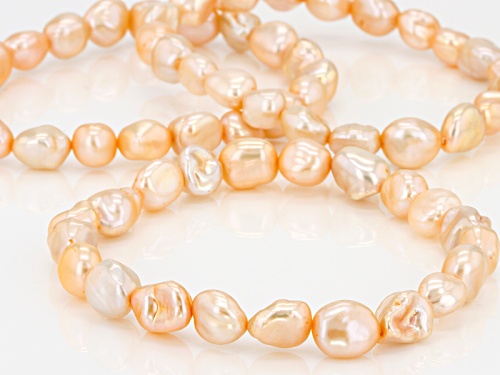 8-9mm Peach Cultured Freshwater Pearl Endless Strand Necklace And Three Stretch Bracelet Jewelry Set