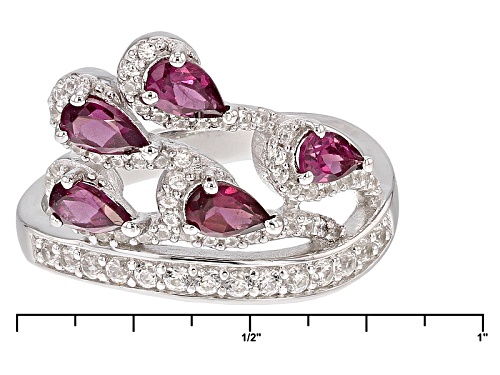1.32ctw Pear Shape Raspberry Color Rhodolite And .52ctw Round White Zircon Sterling Silver Ring - Size 8