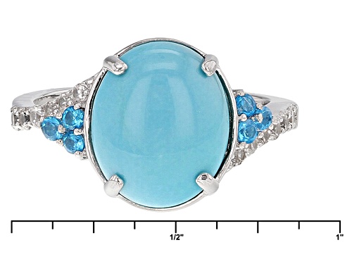 12x10mm Oval Sleeping Beauty Turquoise, .10ctw Neon Apatite And .25ctw White Zircon Silver Ring - Size 12