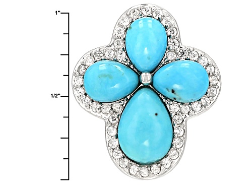 12x8mm And 9x6mm Pear Shape Cabochon Turquoise With .84ctw Round White Zircon Silver Cross Ring - Size 5