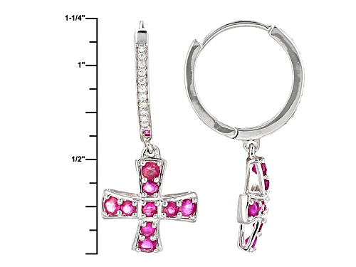 1.32ctw Round Mozambique Ruby With .13ctw Round White Zircon Cross Sterling Silver Hoop Earrings