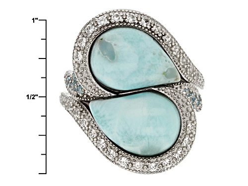 14x10mm Pear Shape Larimar, .16ctw Round Swiss Blue Topaz And .63ctw Round White Zircon Silver Ring - Size 7