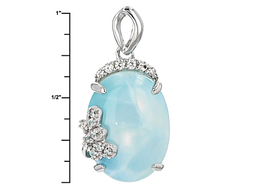 16x12mm Oval Cabochon Larimar & .17ctw Round White Zircon Butterfly Detail Silver Pendant With Chain