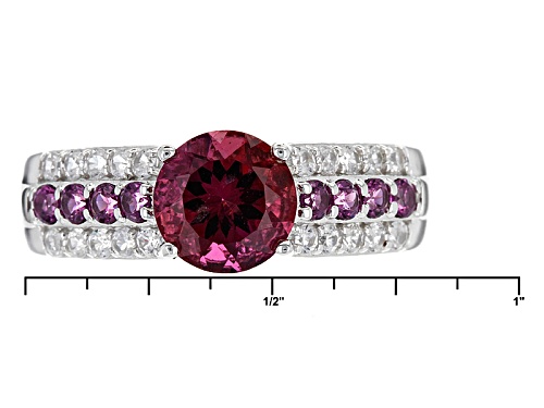 .96ct Round Lab Created Bixbite, .32ctw Round Raspberry Rhodolite, .35ctw White Zircon Silver Ring - Size 8