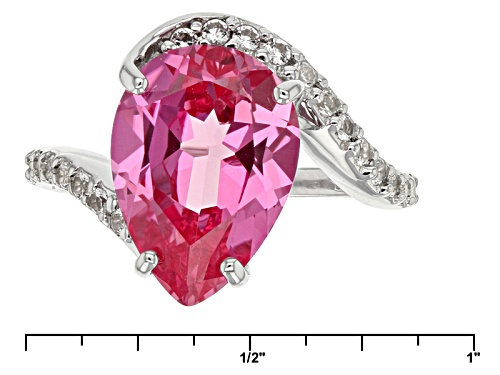 5.66ct Pear Shape Lab Created Pink Sapphire With .32ctw Round White Topaz Sterling Silver Ring - Size 8