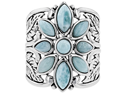 Marquise and Round Cabochon Larimar Sterling Silver Flower Ring - Size 7