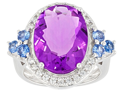 10.20ct Color Change Fluorite, .66ctw Lab Created Blue Spinel & .37ctw White Zircon Silver Ring - Size 6