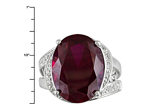 11.66ct Oval Lab Created Ruby And .14ctw Round Lab Created White Sapphire Rhodium Over Silver Ring - Size 8