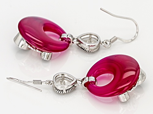 20mm Round Fancy Cut Pink Onyx With 2.04ctw Pear Shape And Oval Black Spinel Silver Dangle Earrings