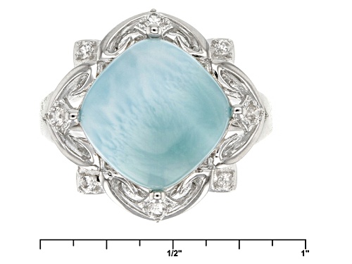 12mm Square Cushion Larimar Cabochon And .17ctw Round White Zircon Sterling Silver Ring - Size 8