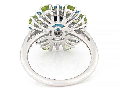 1.31ct Teal Kyanite with 2.33ctw Swiss Blue Topaz, Peridot & White Zircon Rhodium Over Silver Ring - Size 8