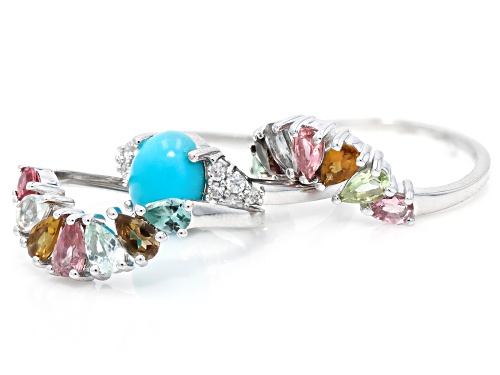 Sleeping Beauty Turquoise with 2.45ctw Multi Tourmaline & Zircon Platinum Over Silver Set/3 Rings - Size 9