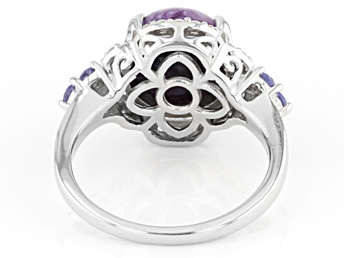 10mm Round Charoite With 0.21ctw Tanzanite And 0.14ctw White Zircon Rhodium Over Silver Ring - Size 9