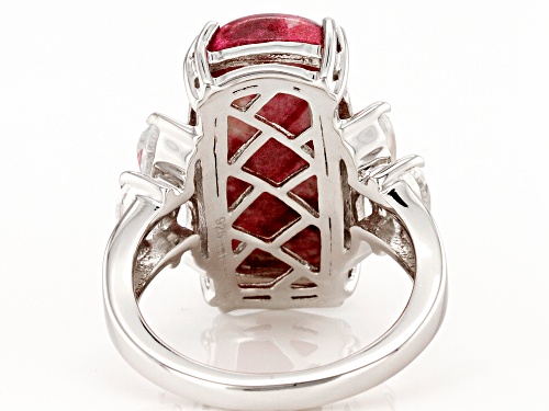 20x10mm Rectangular Cushion Thulite With 1.63ctw White Topaz Rhodium Over Sterling Silver Ring - Size 7