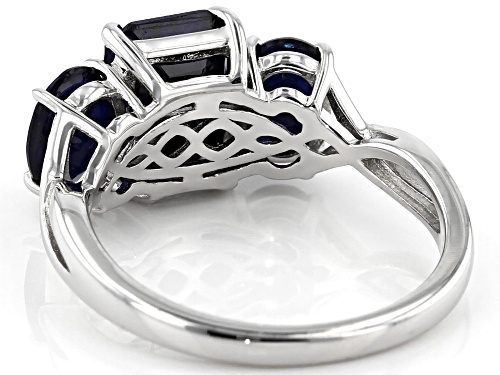 3.75ctw Emerald Cut and Oval Blue Sapphire Rhodium Over Sterling Silver 3-Stone Ring - Size 7